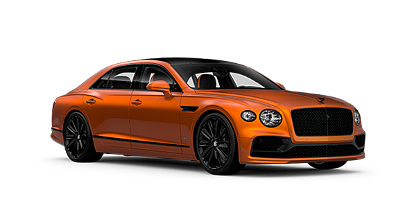 Bentley Luxembourg Bentley Flying Spur Speed front side angled view in Orange Flame coloured exterior. 